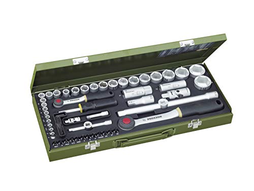 PROXXON Steckschlüsselsatz, Komplettkasten mit 1/4"-und 1/2"-Umschaltratsche sowie Schraubendrehergriff, 56-teiliges Werkzeug-Set mit Stahlkasten, 23040