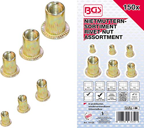 BGS 14126 | Nietmuttern-Sortiment | 150-tlg | verzinkter Stahl | in praktischer, wiederverwendbarer Universalbox