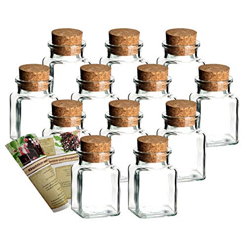 gouveo 12er Set Gewürzgläser "Quadrat 150" incl. Flaschendiscount-Rezeptbroschüre, Ideal für Gastgeschenke, Korkengläser, Glasdose, Aufbewahrungsglas, Korkenglas eckig