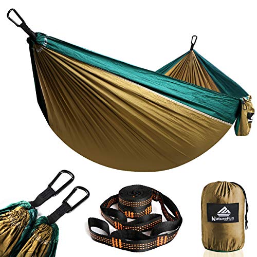 NATUREFUN Ultraleicht Reise Camping Hängematte | 300 kg Tragfähigkeit, (275 x 140 cm) Fallschirmnylon | 2 x Premium Karabiner, 2 x Nylonschlingen inklusive | Für den Outdoor Indoor Garden